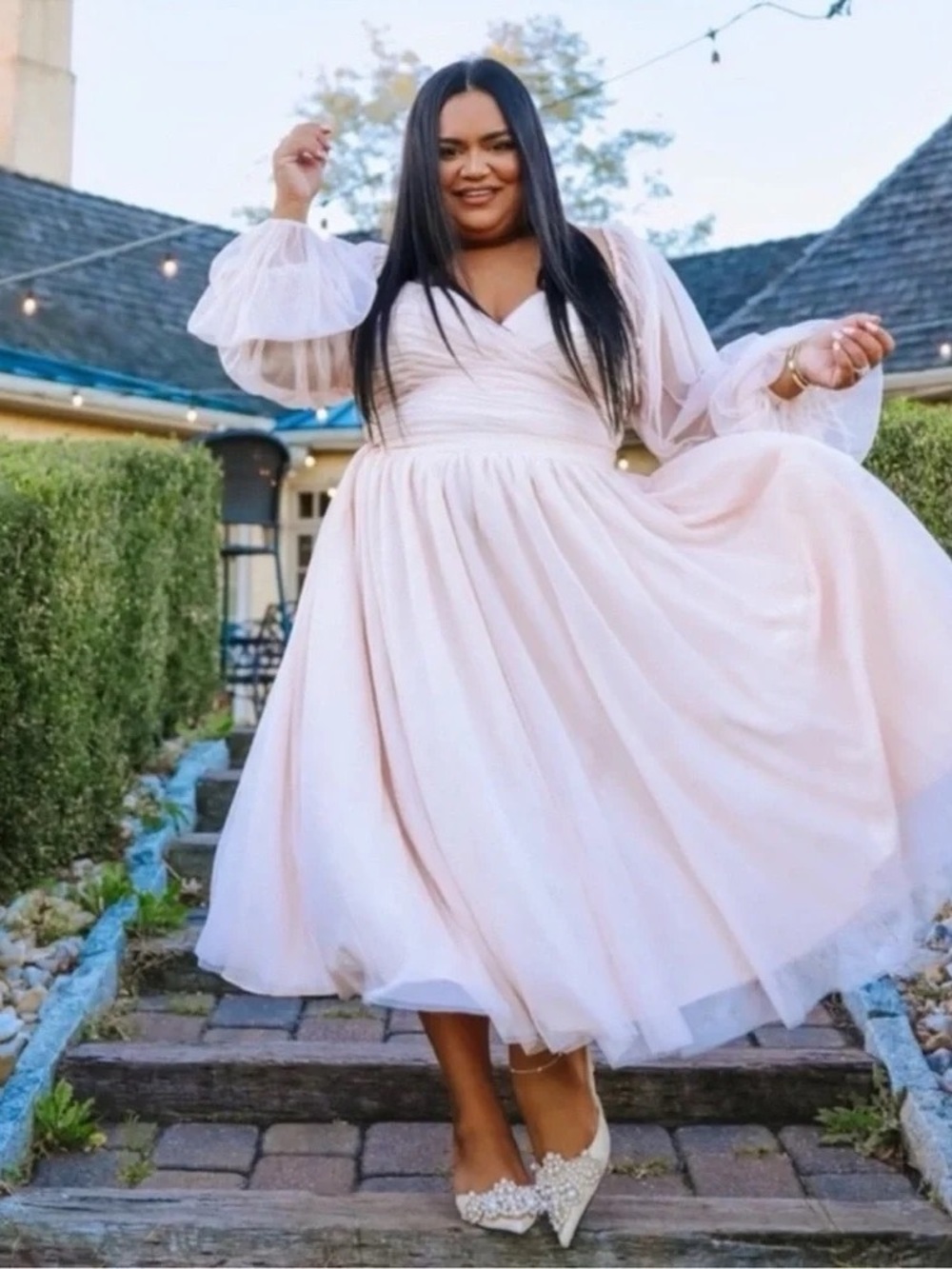 NWT ELOQUII x Nabela Noor Tiered Puff Sleeve Tulle Midi Dress in Blush Pink 14
